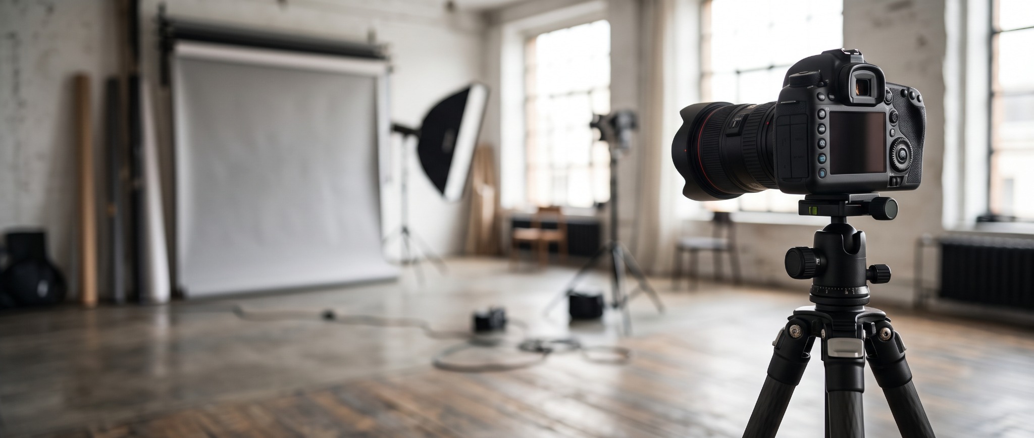Estudio de fotografía con una cámara sobre un trípode